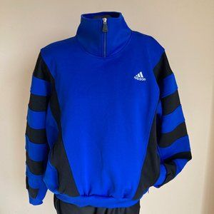 VTG ADIDAS Rare Soccer 1/4 Zip Pullover Sz L Zippered Pockets Blue/Black Stripe